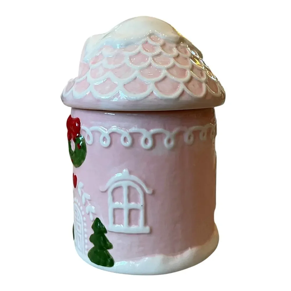 Pinkmas Gingerbread House Ceramic Canister Cookie Jar 7.5in Holiday NEW